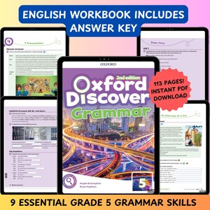 May include: A colorful cover of a workbook titled "Oxford Discover Grammar" for 5th grade. The cover features a city scene with roads and cars. The book is 113 pages and includes an answer key. The book is part of a series of workbooks that teach essential grammar skills.