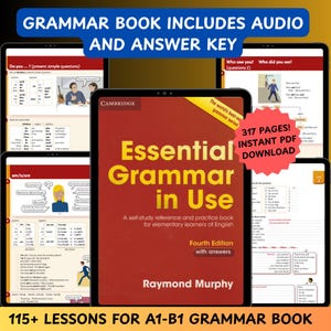 Op de afbeelding: Digitale weergave van het boek "Essential Grammar in Use" van Raymond Murphy, met de tekst "317 PAGINA'S! DIRECTE PDF DOWNLOAD". Het boek is voor beginnende Engelse leerlingen en bevat audio en een antwoordsleutel.