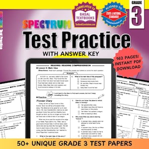 May include: A colorful cover for a workbook titled "Spectrum Test Practice with Answer Key". The cover features a tablet displaying a reading comprehension lesson with multiple choice questions. The workbook is designed for third grade students and includes 162 pages. The cover also includes the text "50+ Unique Grade 3 Test Papers".