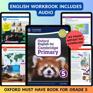 Puede incluir: Un libro de trabajo digital de inglés de 5º grado, titulado "Oxford English for Cambridge Primary", con una ilustración de un panda rojo. El libro de trabajo incluye audio y está disponible como descarga instantánea en PDF de 162 páginas.