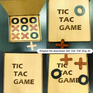 May include: Wooden Tic-Tac-Toe game set. The set includes a wooden box with the game title engraved on the lid, along with wooden X's and O's. The game pieces are in a box with a light brown color.