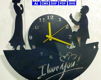 Reloj de pared cortado con láser con texto "Te amo", diseño de San Valentín, pareja de enamorados, corazones, decoración del hogar, regalo para ella, descarga digital (AI, CMX, DXF, PDF)