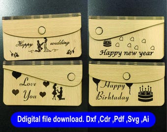 Laser Cut Money Envelope SVG Bundle Wedding  Birthday & New Year Gift Envelope For Money Wooden Cash Wallet Files Gift Money Holder