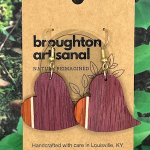 Handmade Exotic Wood Heart Earrings made from Purple Heart with Padauk and Maple Accents w/Hypoallergenic Hooks
