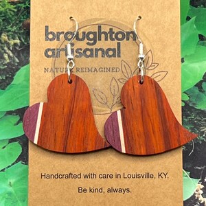 Handmade Exotic Wood Heart Earrings made from Padauk with Purple Heart and Maple Accents w/Hypoallergenic Hooks