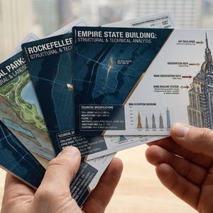 May include: A hand holds a collection of cards featuring architectural and landscape diagrams. The cards display the Empire State Building, Rockefeller Center, Central Park, and the Statue of Liberty. Each card includes technical specifications and diagrams.