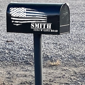 May include: Black mailbox with a white distressed American flag and the text "SMITH 1234 W LAVA ROAD" on the front.