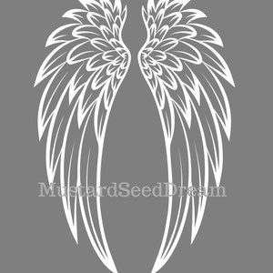 May include: White stylized angel wings with intricate details, a decorative design element for crafts, scrapbooking, or home decor.