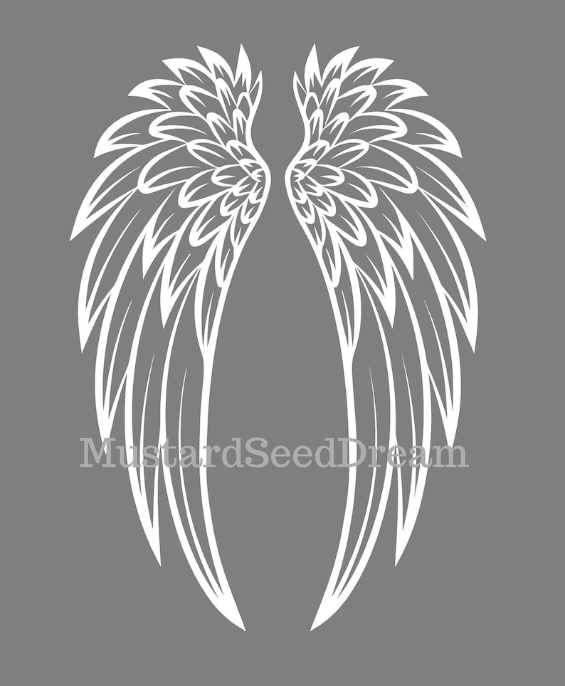 May include: White stylized angel wings with intricate details, a decorative design element for crafts, scrapbooking, or home decor.