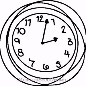 May include: A black and white illustration of a clock face with Roman numerals and hands pointing to 12:00.