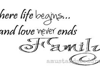 Family Life Begins and Love Never Ends - Vinyl Wall Art, Graphics, Lettering, Decales, Stickers