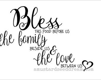 Bless This Food Before Us Saying with Heart design, Wall Art, Graphic, Lettering, Decals, Stickers