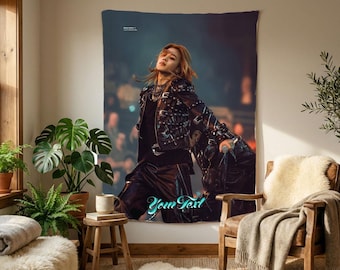 May include: A rectangular wall tapestry featuring a person with light brown hair wearing a black leather jacket with silver studs and buckles, black pants, and a black shirt. The text "Your Text" is printed in a light blue script font at the bottom.