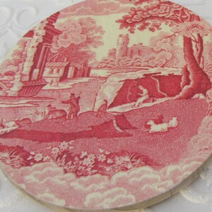 Red Toile Wood Coasters Hand Made Set of 4