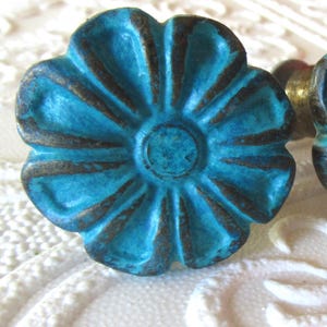 Set of 2 Handpainted Turquoise Floral Knobs Aged Brass Base