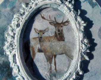 Blue Deer Ornament with Frame Male and Female Velour Hanger Silver and White Bow