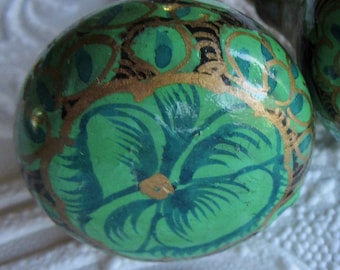 2 Handpainted Green Floral Knobs, Blue & Gold Accents, Sold in Sets