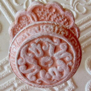 Warm Pink and White Antiqued Knob with Backplates Carved Pattern