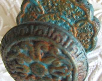 Turquoise and Orange Antiqued Knobs with Backplates Carved Pattern