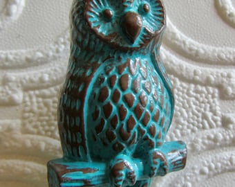 Woodland Turquoise Owl Knob or Pull Hardware Hand Painted