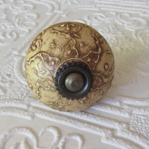 May include: A round cabinet knob featuring a cream-colored ceramic surface with a raised, dark brown embossed floral pattern. The center of the knob is accented with a dark metallic circular plate and a small, rounded metal screw head.