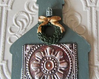 Duck Blue Church Ornament with Wreath and Antiqued Copper Metal Accent
