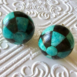 Set of 2 Deep Turquoise and Black Checkered Round Knobs