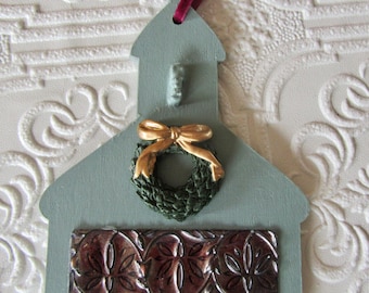 Sage Green Church Ornament with Wreath and Antiqued Copper Metal Accent