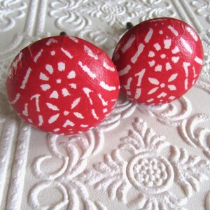 2 Red and White Wood Decoupaged Distressed Knobs with Blue accents