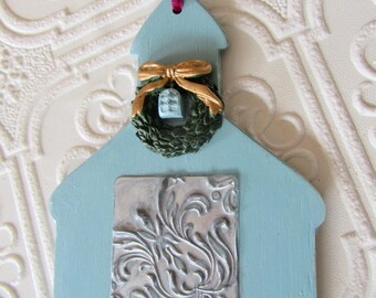 Blue Church Ornament with Wreath and Metal Accents Purple Velour Hanger