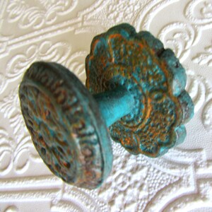 Turquoise and Orange Antiqued Knobs with Backplates Carved Pattern