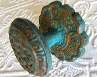 Turquoise and Orange Antiqued Knobs with Backplates Carved Pattern
