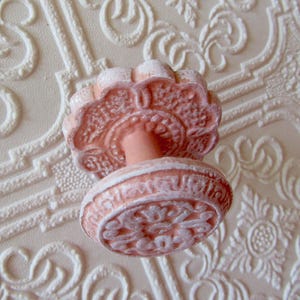 Warm Pink and White Antiqued Knob with Backplates Carved Pattern