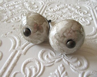 Set of 2 Glazed White and Tan Ceramic Knobs with Aged Brass Centers