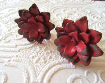 2 Red Floral Metal Distressed Knobs for Drawers or Cabinets