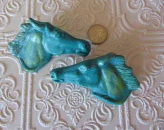2 Horse Knobs Blue Patina Statement Pulls