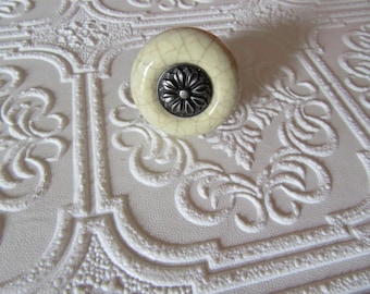 Ivory Floral Ceramic Knob Antiqued Silver Design with Crazing Sold Individually