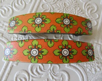 Set of 2 Printed Drawer Pulls, Orange Green Charcoal Floral Pattern, 3" Centers