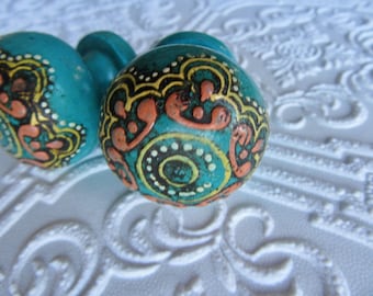 2 Handpainted Turquoise Bohemian Knobs Sold in Sets