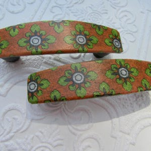 Set of 2 Printed Drawer Pulls, Orange Green Charcoal Floral Pattern, 3" Centers