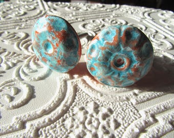 Set of 2 Orange and Blue Weathered Ceramic Knobs