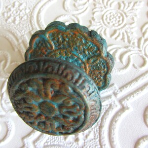 Turquoise and Orange Antiqued Knobs with Backplates Carved Pattern