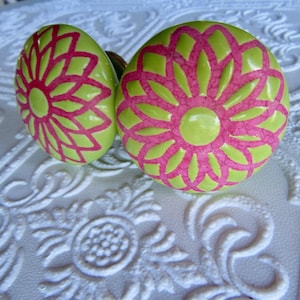 Set of 2 Pink and Green Ceramic Knobs