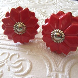 Set of 2 Red Floral Ceramic Knobs with Silver Centers
