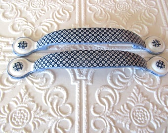 Set of 2 Navy and White Drawer Pulls Blue Hand Painted and Designed
