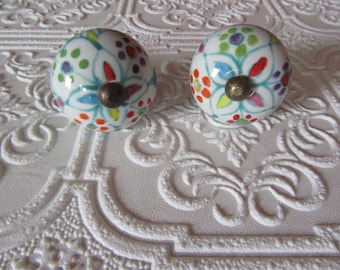 Set of 2 Colorful Floral Ceramic Knobs
