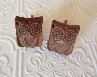 Set of 2 Owl Wood Carved Knobs