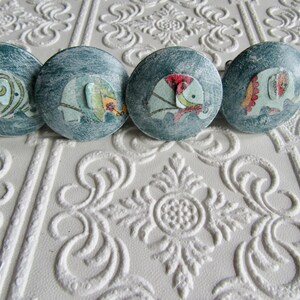 Set of 4 Hand Painted Elephant Wood Knobs, Blue Aged Dimensional Pulls