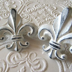 May include: Two white fleur-de-lis decorative accents with black detailing. The fleur-de-lis are set against a textured, off-white background. The accents have a distressed, vintage appearance, with visible brushstrokes.