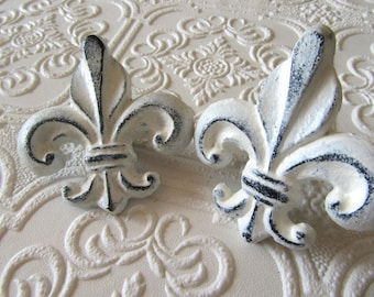 2 Fleur De Lis Knobs White and Black Distressed